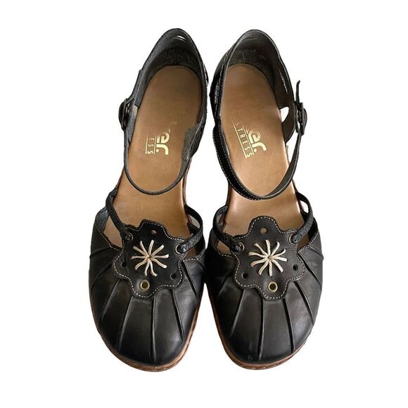 RIEKER Black Leather Mary Jane Style Sandals Shoes Ankle Strap Heel 38 - Picture 9 of 12